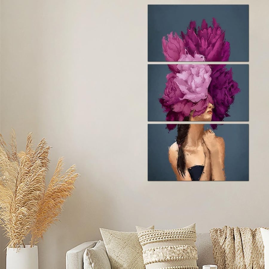 Wall art - drawing of a woman with a purple flower - 300911 - divided into three pieces