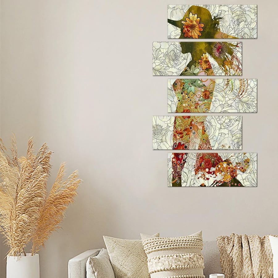 Wall panel - drawing of a woman and flowers - 693 - divided into five graduated pieces - 2