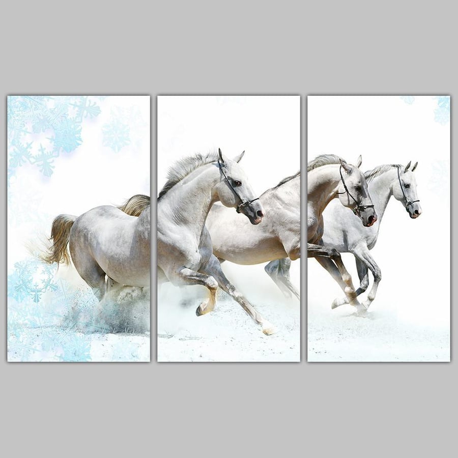 Wall panel - white horses running - 703 - divided into three pieces