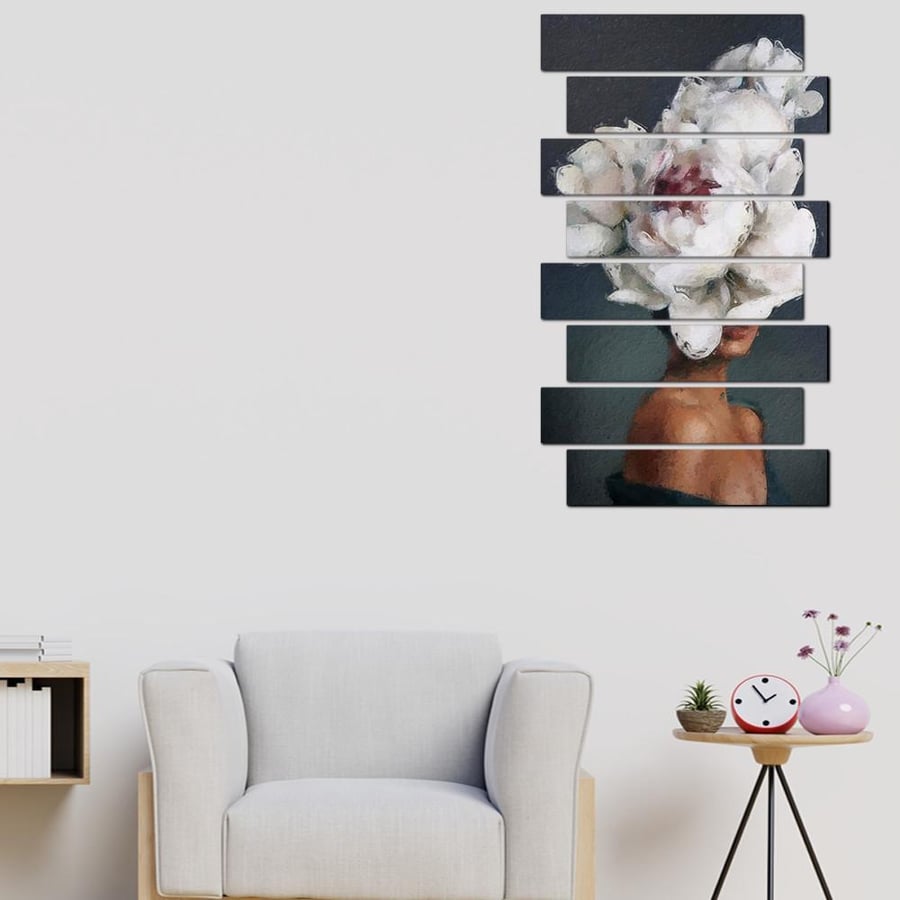 Wall art - Woman and white flowers - 30047 - divided into eight pieces