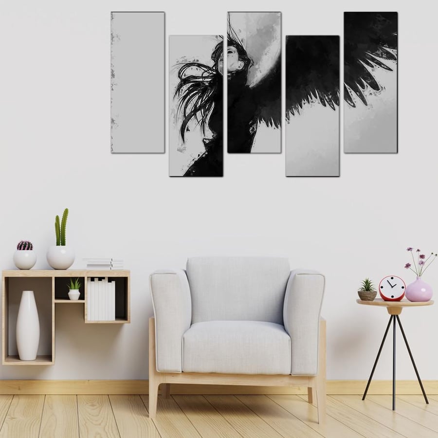 Wall panel - Woman in a dress and black wing - 1142-f - divided into five graduated pieces - 2