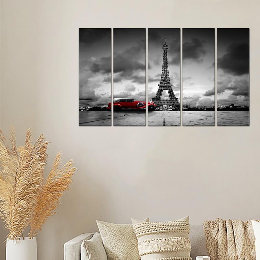 Wall art - Eiffel Tower and classic red car - 21000 - divided into five equal pieces