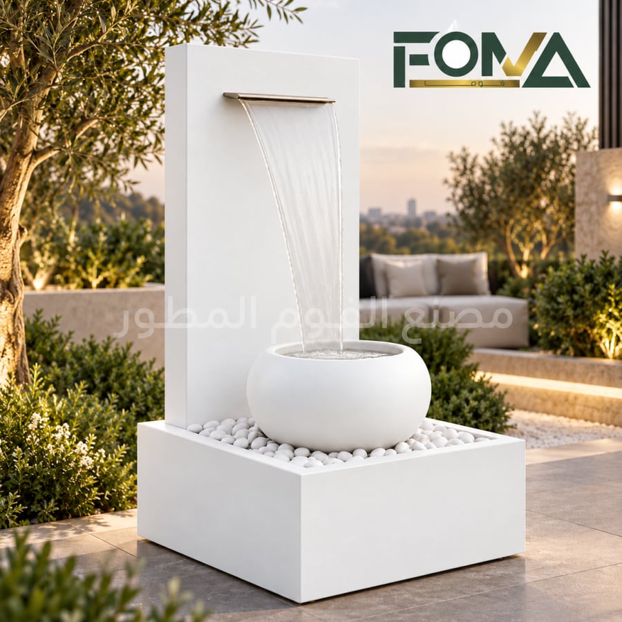 Wall Spillway Fountain with Round Basin – White