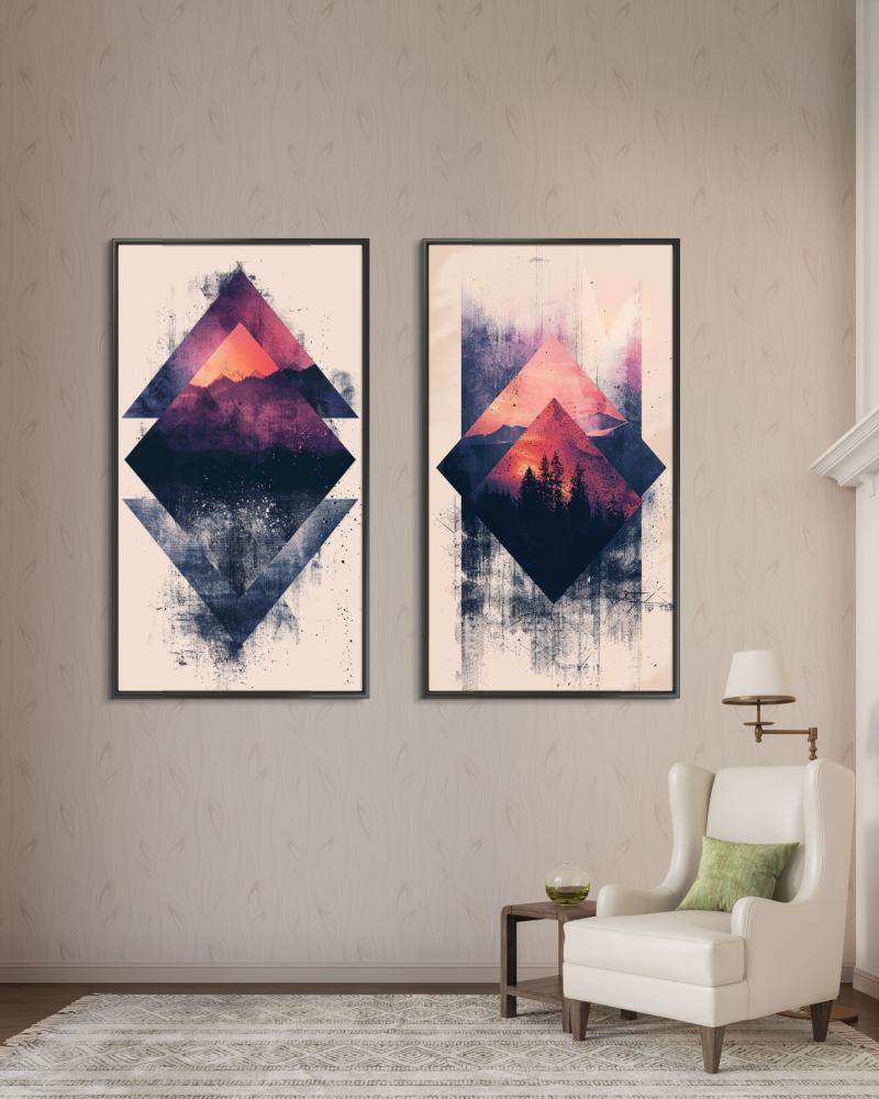 لوحات قماش ثنائية بتصميم فن تجريدي هندسي