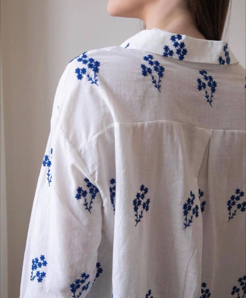 cotton summer blouse with blue embroidery - WB-106