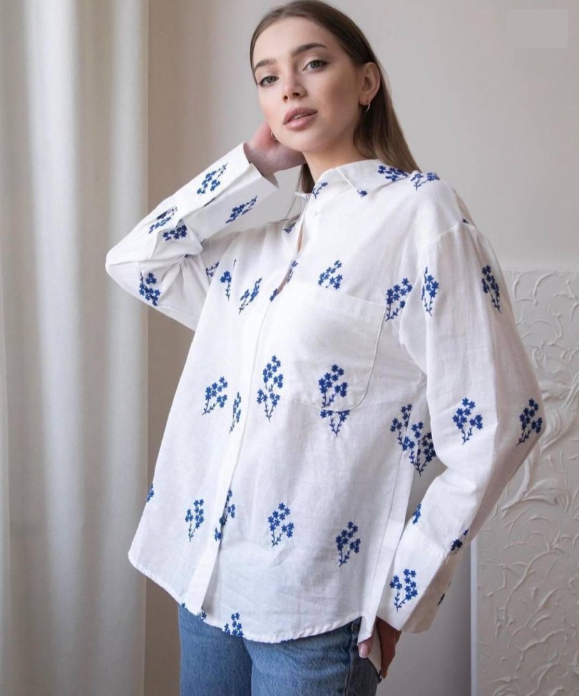 cotton summer blouse with blue embroidery - WB-106