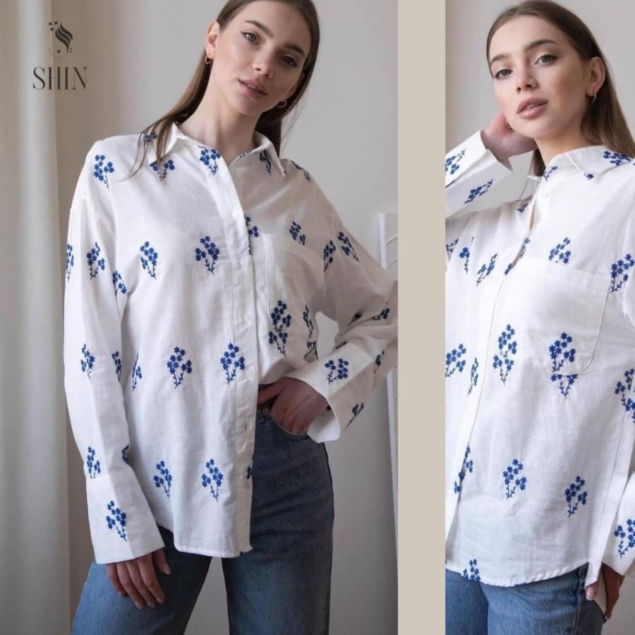 cotton summer blouse with blue embroidery - WB-106