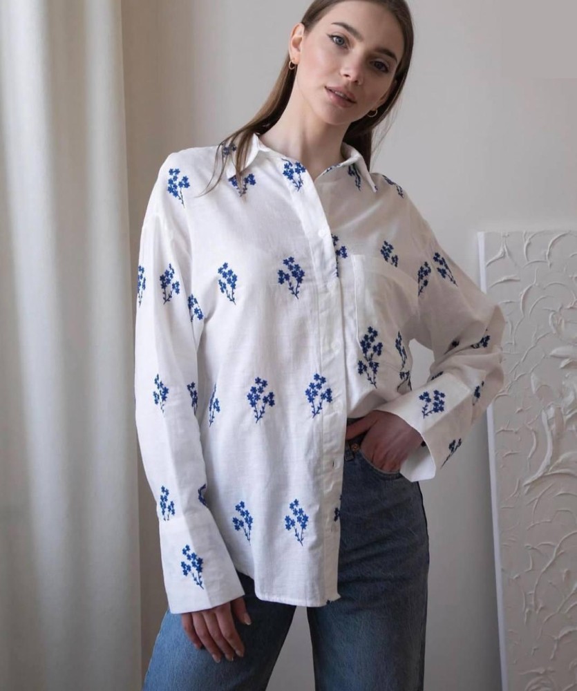 cotton summer blouse with blue embroidery - WB-106