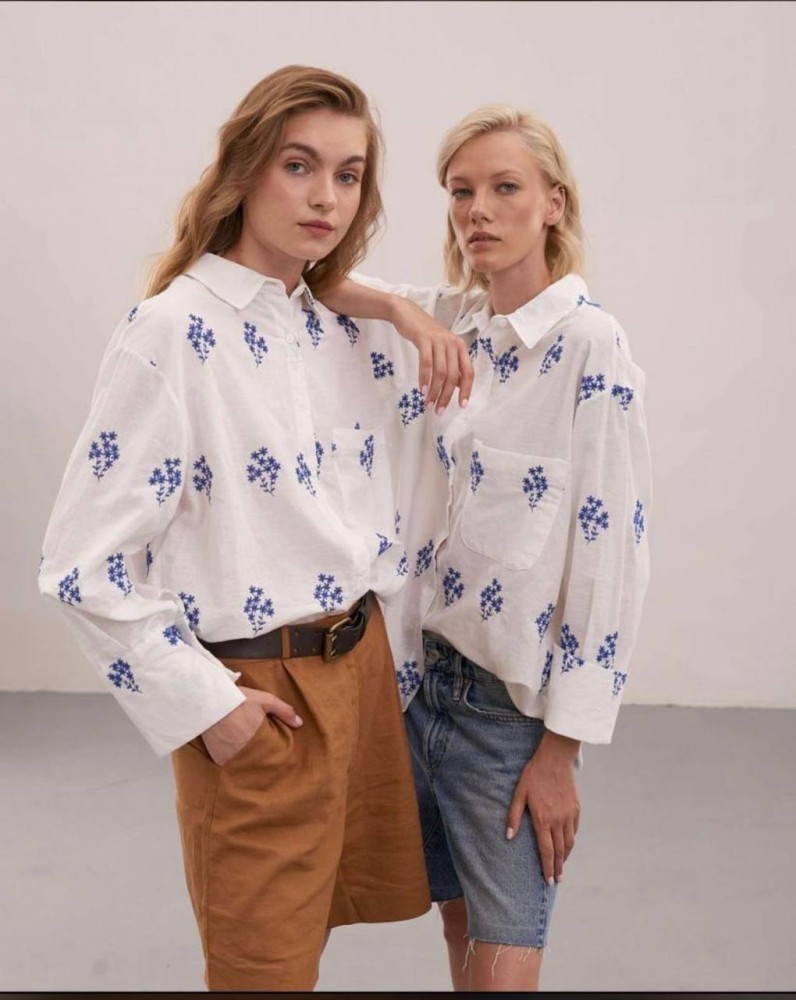 cotton summer blouse with blue embroidery - WB-106