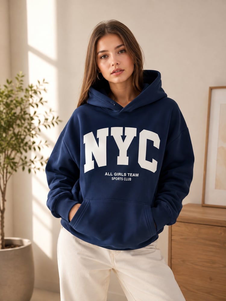 سويت شيرت واسع بغطاء رأس مطبوع شعار نيويورك