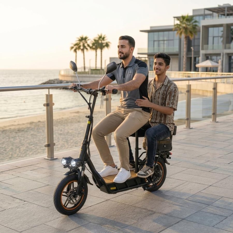 سكوتر كهربائي بمقعد نيوسبيد New Speed MS120 بطارية 48V ودينمو 800W كفرات 14 انش مع شنطة خلفية وأرضية خشبية