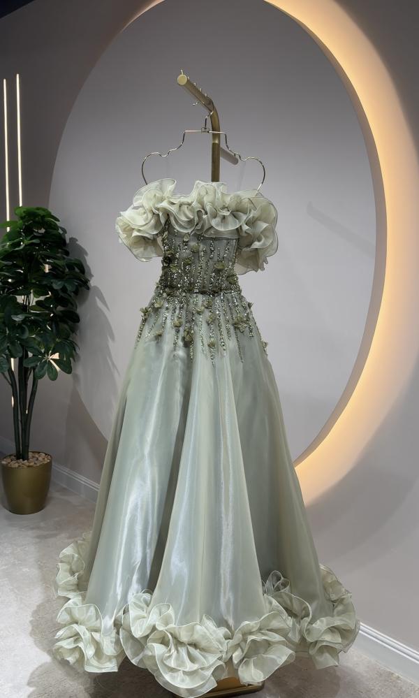 Exclusive design evening dress olive off-shoulder with royal organza details