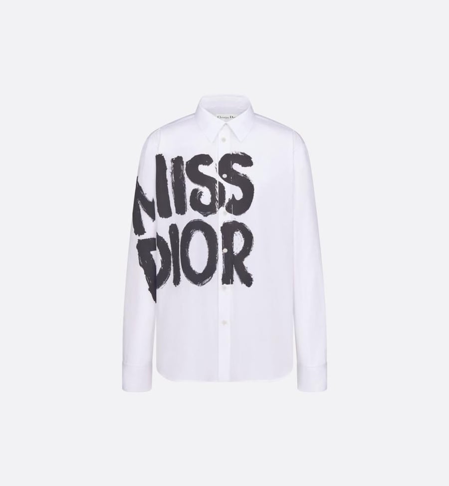 قميص نسائي بطبعة Miss Dior اكمام طويلة - ابيض