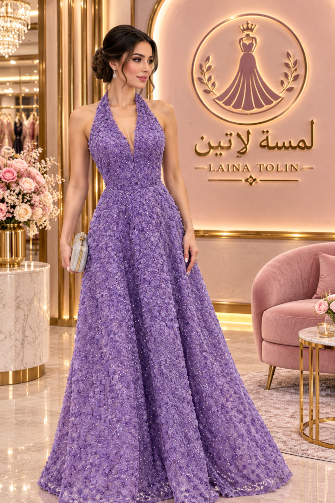 فستان سهرة بنفسجي ملكي بتطريزات زهرية فاخرة