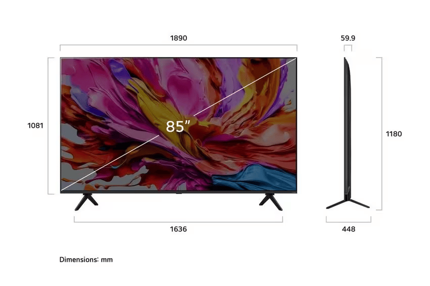 أبعاد تلفزيون LG QNED evo AI 2025 مقاس 85 بوصة