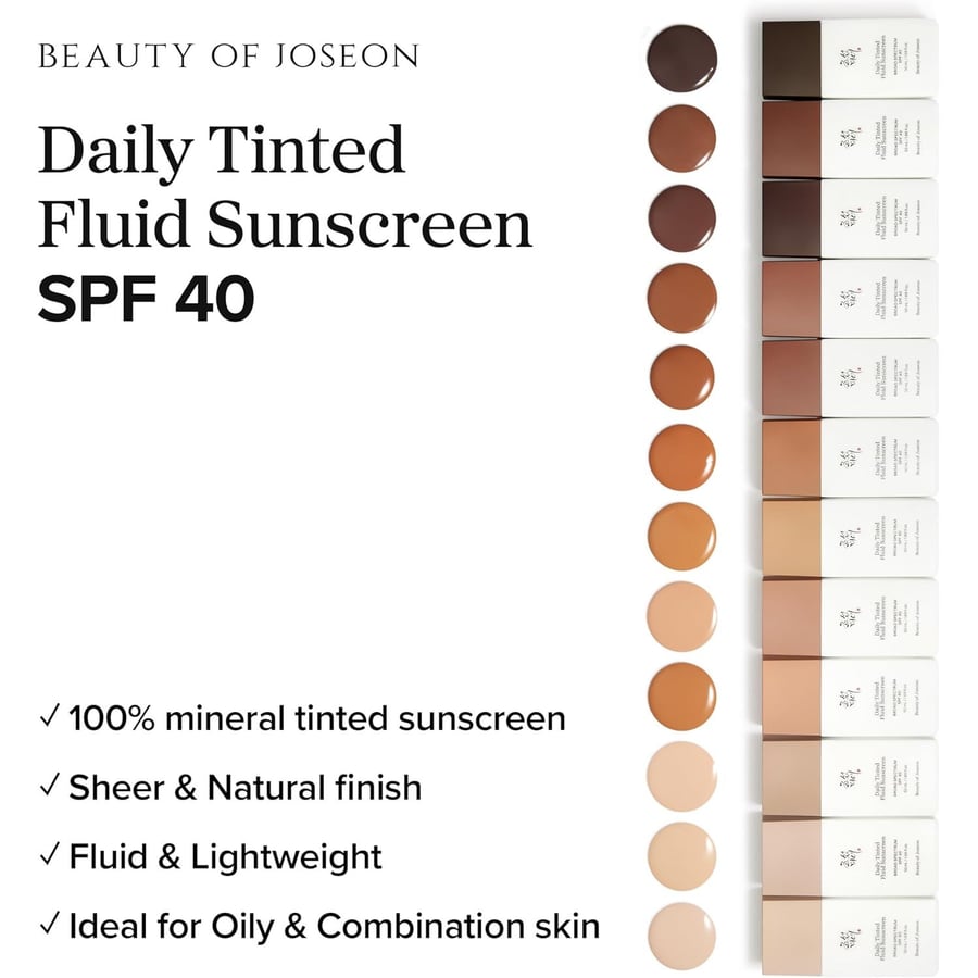 Beauty of Joseon Daily Tinted Fluid Sunscreen 50ml | Moisturizing SPF 40 Korean Skincare, 12 Shades
