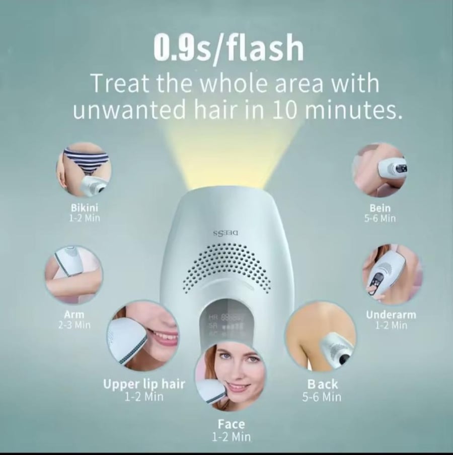 Laser device for hair removal with cooling feature and unlimited flashes for face, bikini, and body hair removal (Tabby and Tamara installments)
