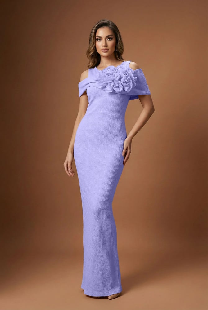 Elegant evening dress with off-shoulder roses