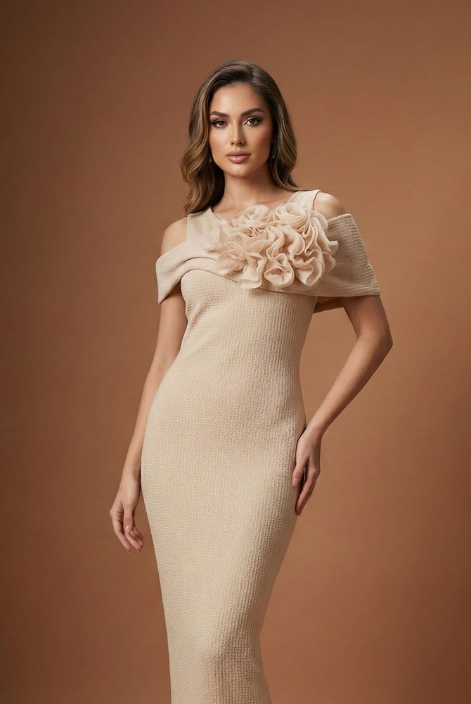 Elegant evening dress with off-shoulder roses