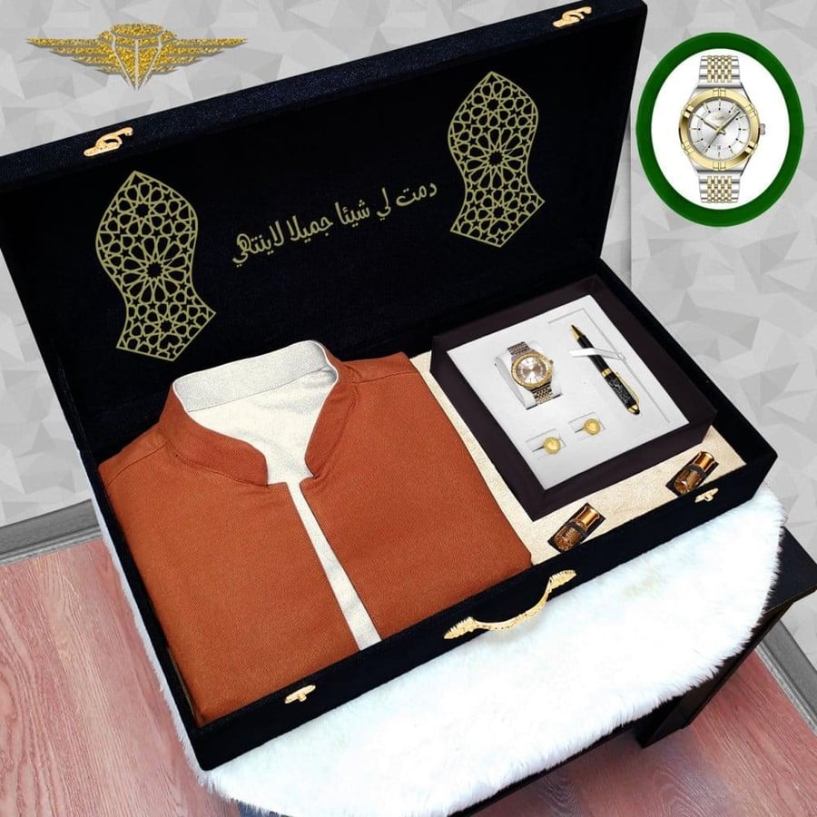 هدايا شتويه سديري رجالي وجهين جوخ مع طقم ساعه استيل وعبارة اهداء