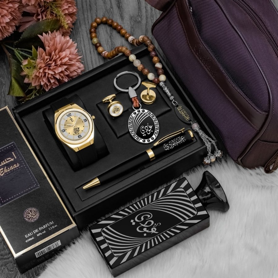 هدايا رجالي طقم ساعه وقلم وكبك وسبحه وميداليه وعطر كتابة الاسم