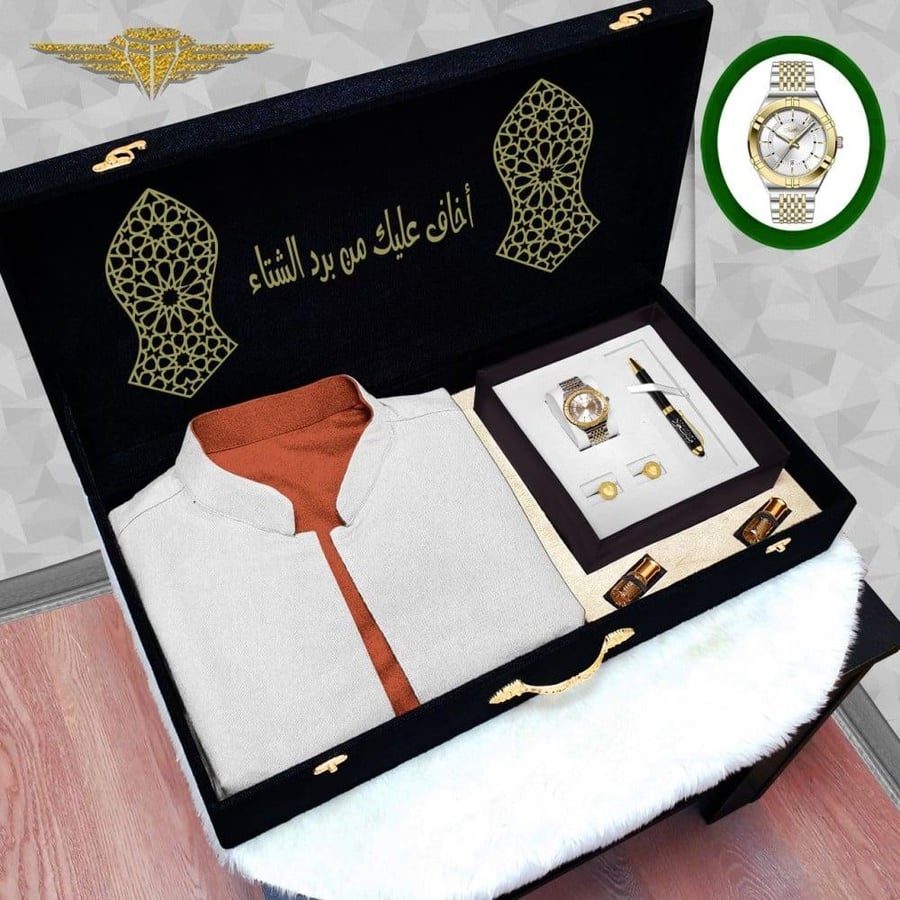 هدايا شتويه سديري رجالي وجهين جوخ مع طقم ساعه استيل وعبارة اهداء