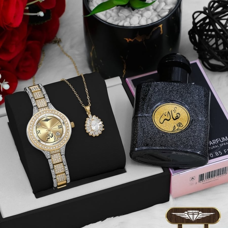 طقم هدايا نسائي ساعه استيل ضمان سنه وعطر وسلسال فصوص زركون