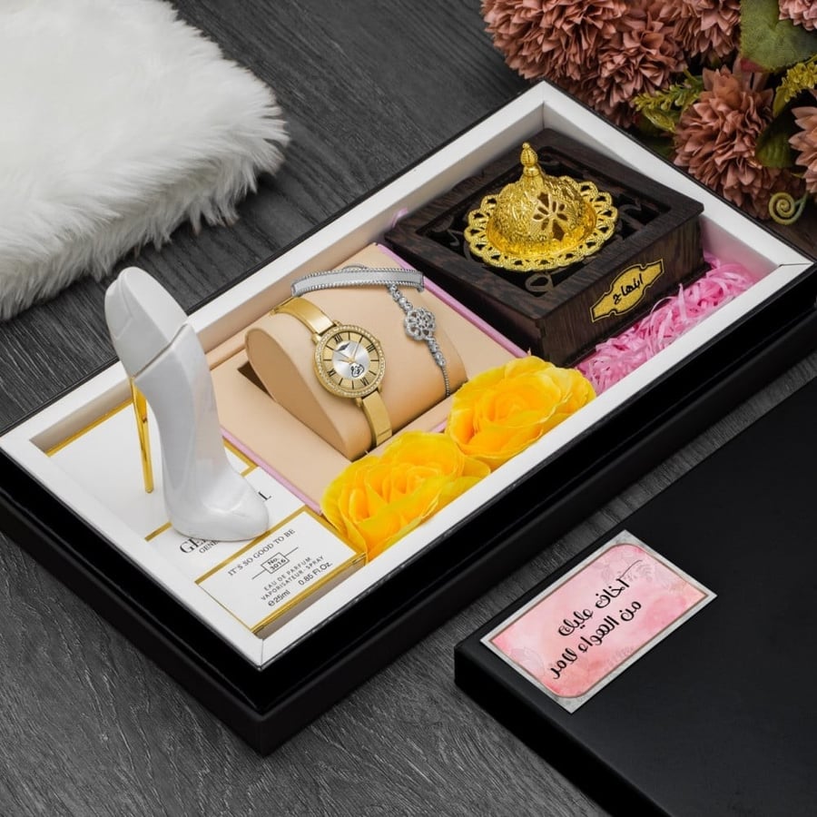 The best women's gift set of a watch, an incense burner, and perfume, a distinctive look, and a dedication phrase