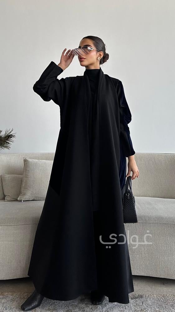 أحسن عبايات سوداء فخمة كلوش تداخل مخمل كحلي وتفتة روسي - غوادي