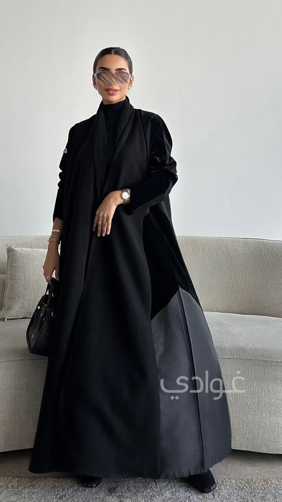 افضل عبايه سوده ساده تداخل بين مخمل أسود وتفتة روسي - غوادي