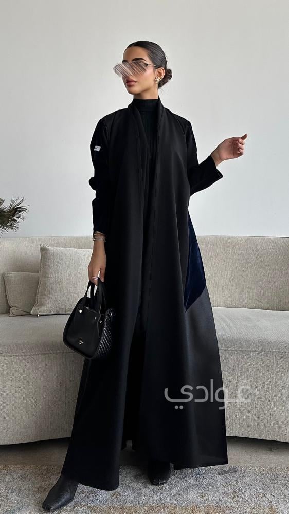 شراء عبايات سوداء فخمة كلوش تداخل مخمل كحلي وتفتة روسي - غوادي