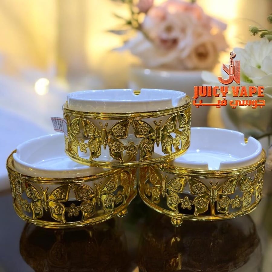 طفاية سيراميك فاخرة بقاعدة ذهبية مزخرفة بالفراشات Luxury Ceramic Butterfly Ashtray