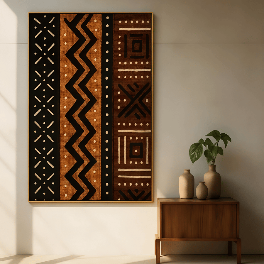 لوحة قماشية بتصميم الفن النجدي تبرز نقوش السدو الهندسية باللونين البني