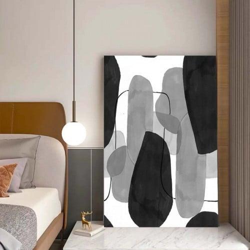 لوحة جدارية مينيماليست - كتل عضوية ورسم خطي بدرجات الرمادي والأسود