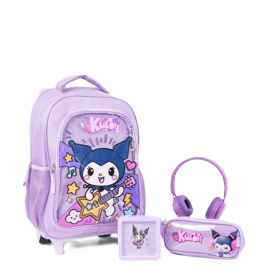 طقم شنطة مدرسية بعجلات كورومي 4 قطع - بنفسجي (Kuromi School Trolley Bag Set)