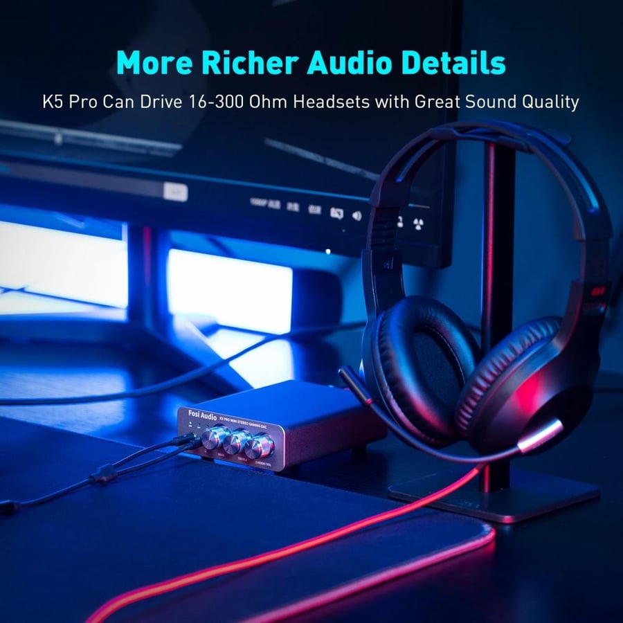Fosi Audio K5 PRO Gaming USB DAC With Microphone Headphone Amplifier Desktop Mini Audio DAC Amp For PS5 PC