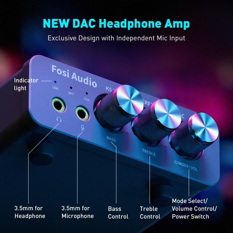 Fosi Audio K5 PRO Gaming USB DAC With Microphone Headphone Amplifier Desktop Mini Audio DAC Amp For PS5 PC