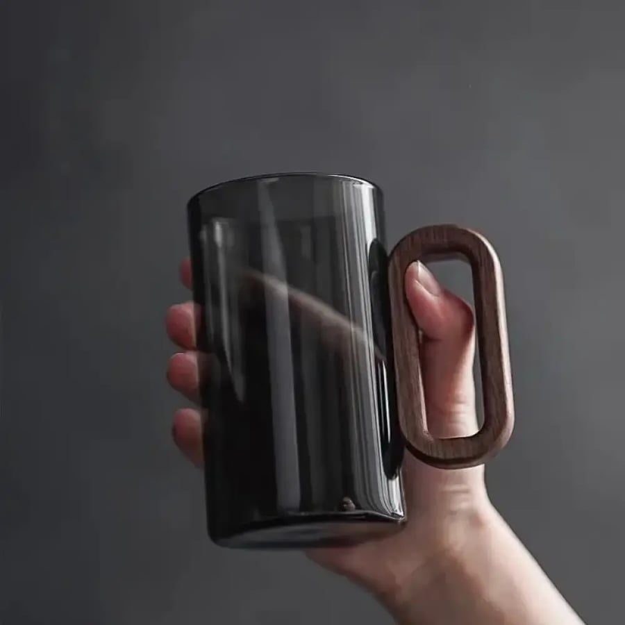 كوب شاي زجاجي 360ML بمقبض خشبي