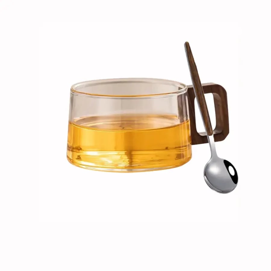 كوب قهوة زجاجي 200ML مع صحن خشبي وملعقة