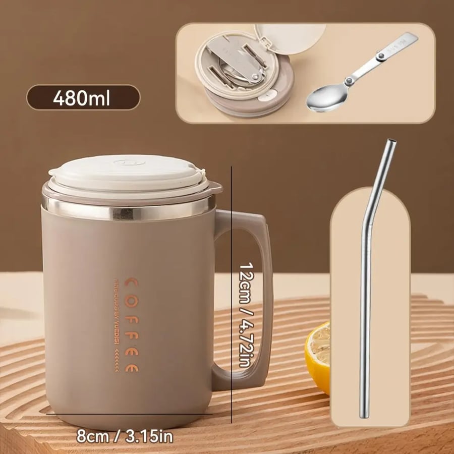 كوب معزول 480ML مع ملعقة وقش