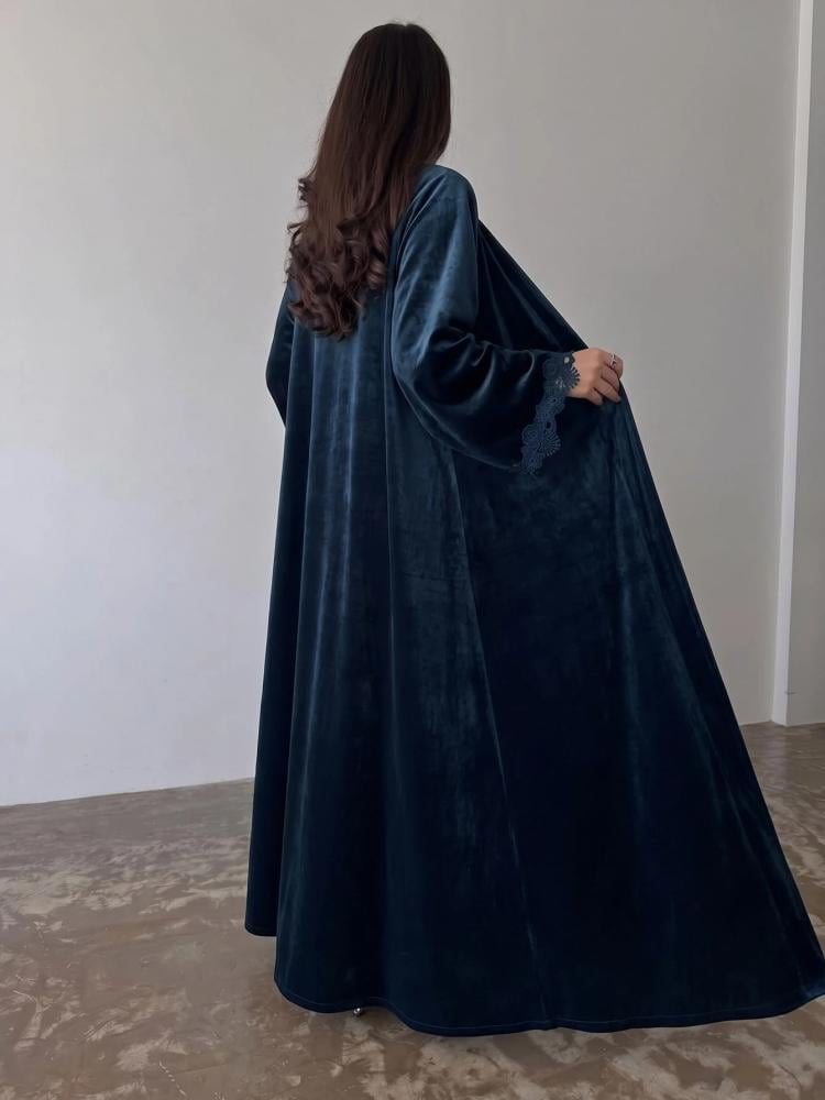 Al Najma عباية نسائية طويلة فضفاضة من المخمل الأزرق
