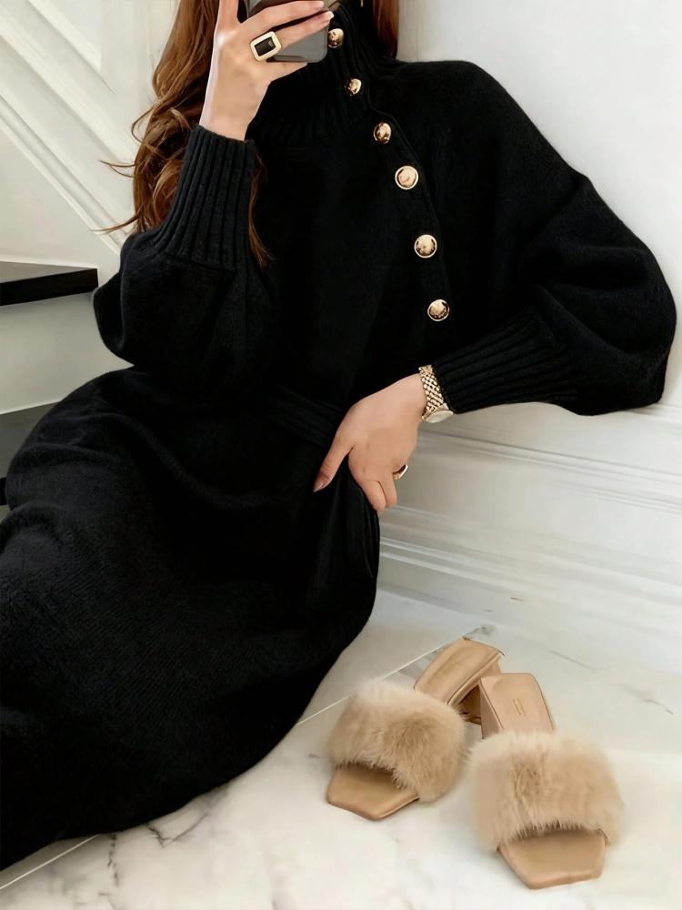 YI XUAN فستان نسائي برقبة عالية وأكمام طويلة
