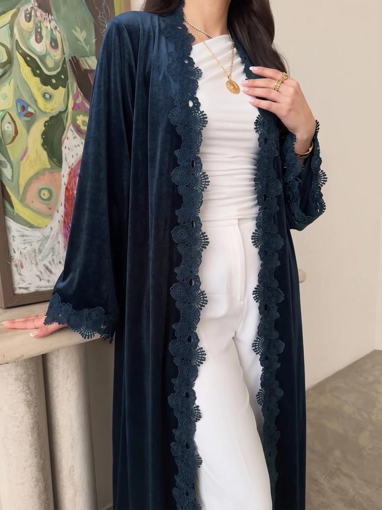 Al Najma عباية نسائية طويلة فضفاضة من المخمل الأزرق