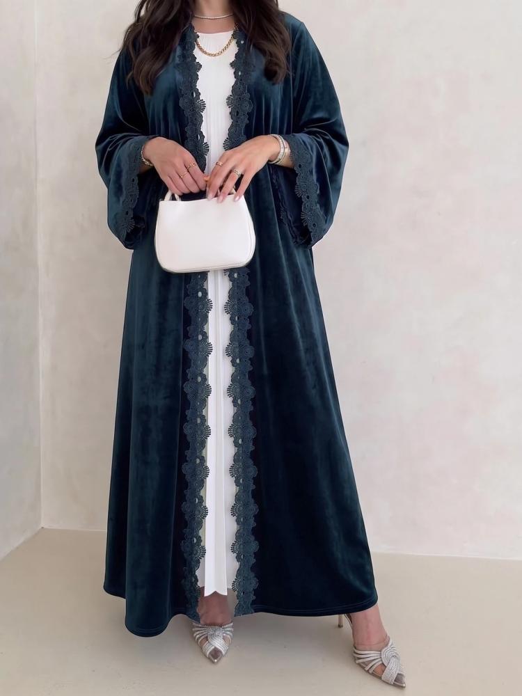 Al Najma عباية نسائية طويلة فضفاضة من المخمل الأزرق