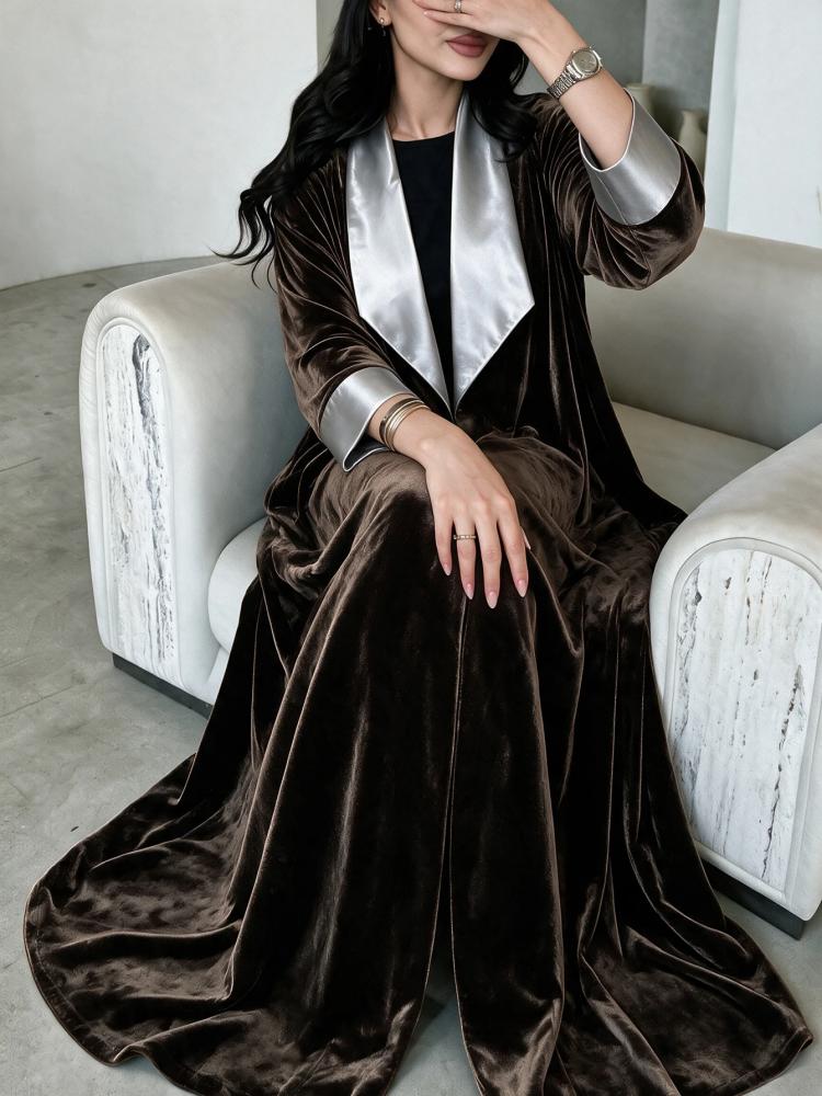 Yasveil عباية معطف نسائية من المخمل البني الداكن مع ساتان رمادي