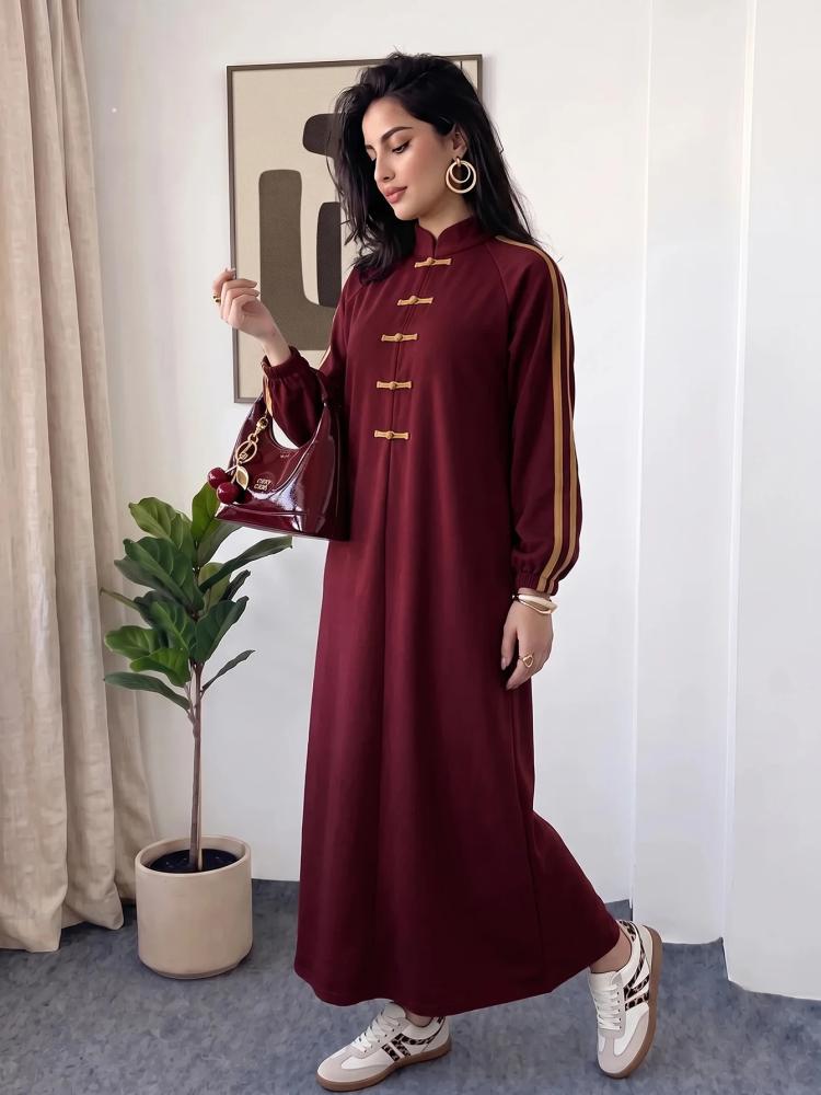 Solavon فستان نسائي فضفاض بأكمام طويلة مع تصميم أزرار الضفدع