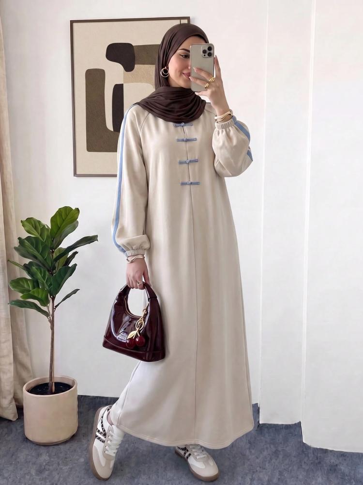 Solavon فستان نسائي فضفاض بأكمام طويلة مع تصميم أزرار الضفدع