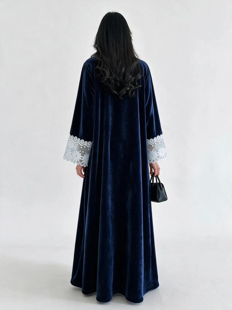 Yasveil عباية نسائية من المخمل الأزرق الداكن بياقة على شكل حرف V