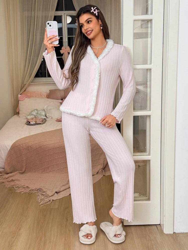 SweetSlumber طقم بيجاما نسائي مريح من الصوف المحبوك المضلع