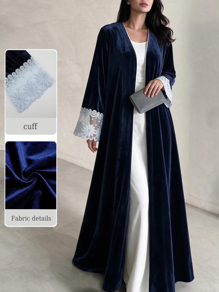 Yasveil عباية نسائية من المخمل الأزرق الداكن بياقة على شكل حرف V